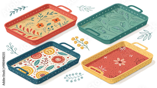 Colorful serving trays with floral patterns and handles on white background with leaves