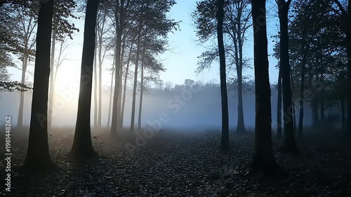 Misty forest at dusk with trees.