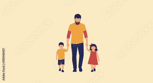 Father holding hands with his young son and daughter, walking together.