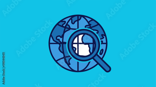 Magnifying glass on globe icon.
