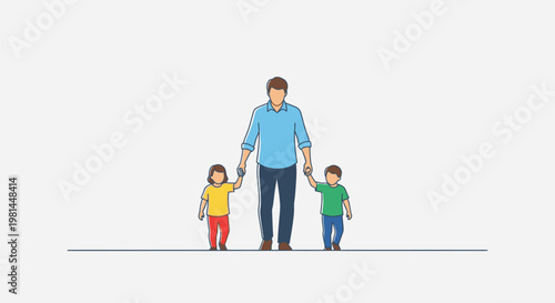 Father holding hands with his two young children, walking together.