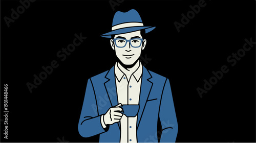 Man in blue suit holding coffee.