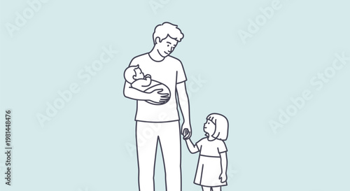Father holding newborn baby and daughter holding hands.