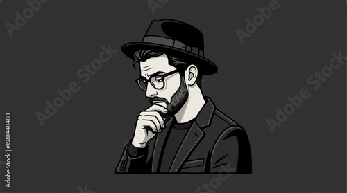Man in black hat thinking.