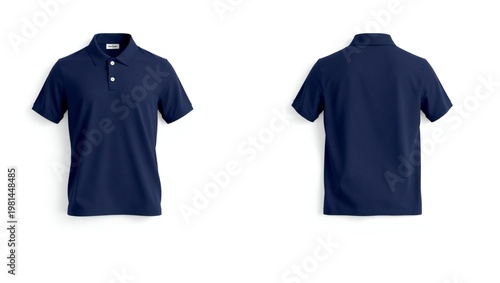 Front and back view of a navy blue short sleeve polo shirt