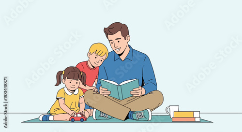 Father reading a storybook to his two young children.