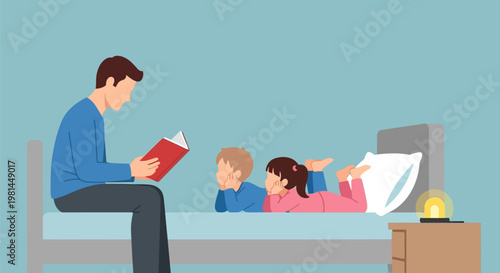 Father reading bedtime story to his children in bed.