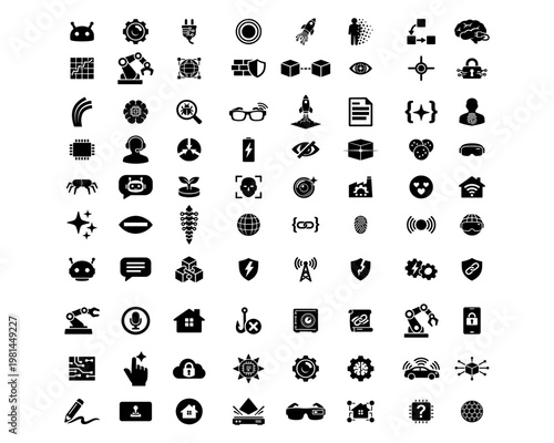 Artificial intelligence and technology mega icon set
A comprehensive collection of artificial intelligence, robotics, and futuristic technology icons in solid glyph style.

