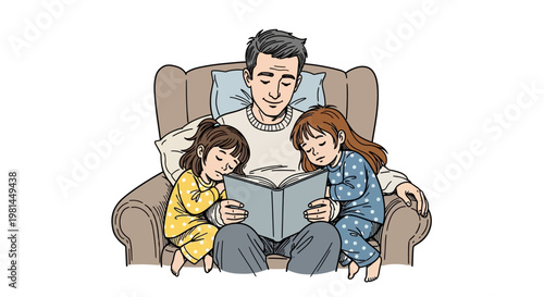 Father reading bedtime story to his two young daughters.