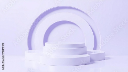 Minimalist arch and pedestal display with soft lavender hues