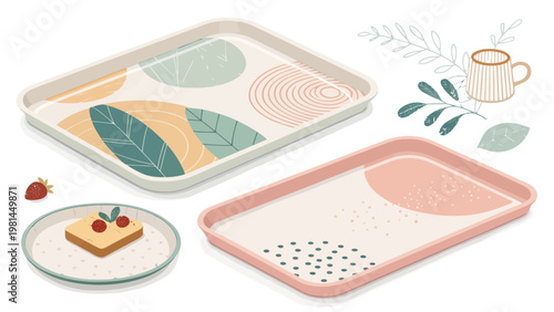 Contemporary serving trays with decorative plates and dishes minimalist tableware set with leaf patterns