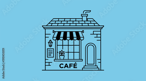 Small cafe building with awning.