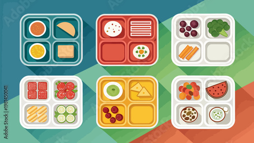 Colorful cafeteria tray icons with various food compartments on a geometric background