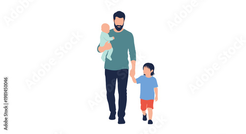Father walking with his two children, holding one in his arms and the other by the hand.