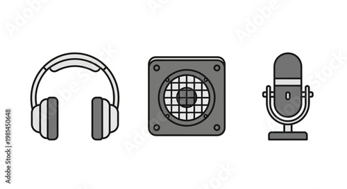 Headphones microphone and speaker icons.