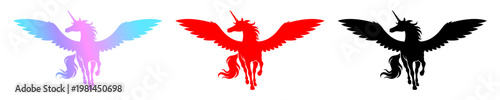 Flying unicorn with wide wings in gradient red and black fantasy silhouette vector art