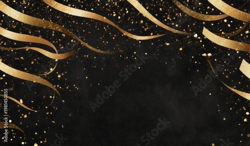 Golden streamers and glittering sparks cascade against a textured dark background
