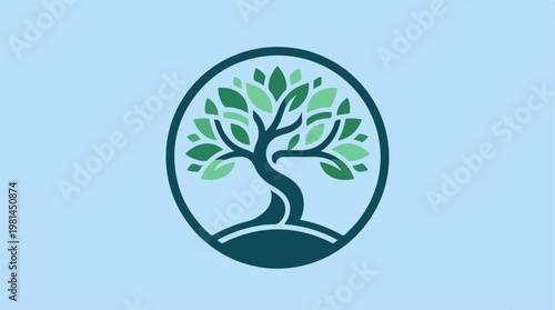 Tree logo with green leaves.