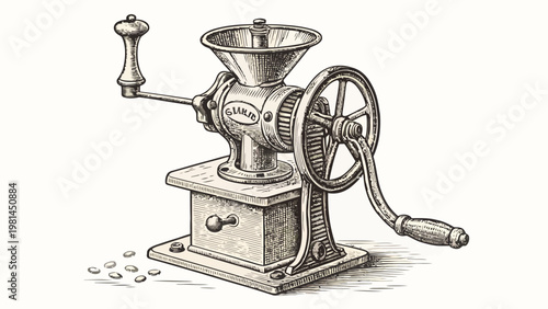 Vintage manual meat grinder with crank handle and funnel top for kitchen use