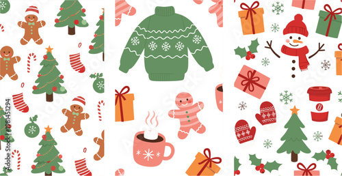 Christmas Holiday Pattern Set Featuring Gingerbread Cookies Sweater Snowman Gifts Coffee Cup and Festive Winter Elements Collection