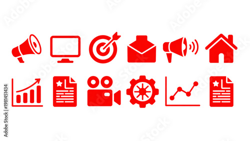 Collection of icons representing various digital and marketing tools Vector