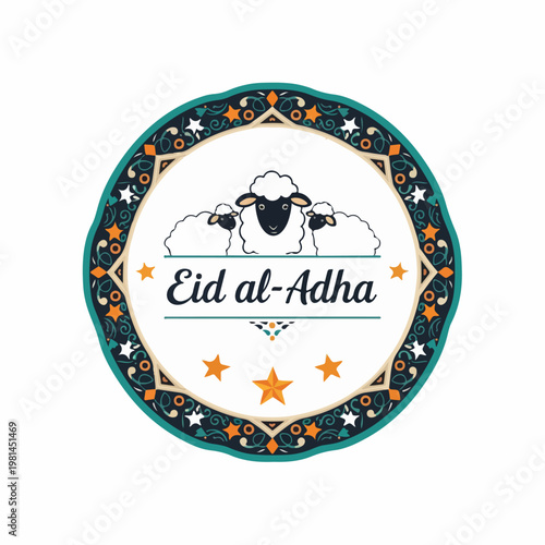 illustration of Decorative Eid al-Adha badge with sheep and stars