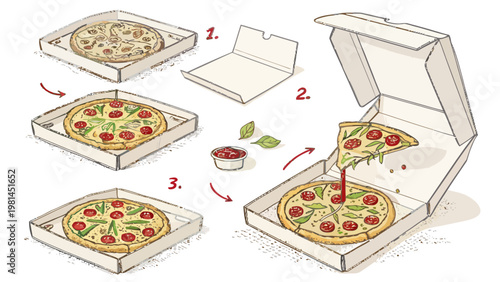 Vector illustration of a step by step pizza box unboxing scene with a delicious tomato and basil pizza