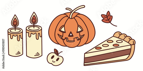 Autumnal halloween still life featuring pumpkin candles and pie