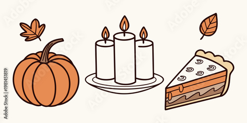 Autumn still life featuring pumpkins candles and a slice of pie