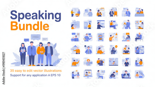 Colorful set of diverse icons depicting people engaging in speaking and communication activities Vector