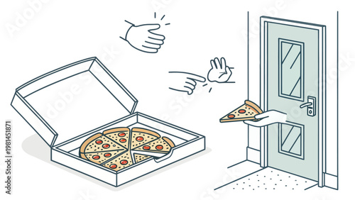 Pizza delivery hand gestures vector illustration of person handing over slice through door with open box