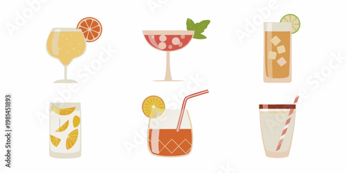 Collection of colorful summer cocktails and refreshing drinks with fruit garnishes