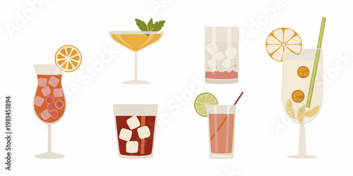 A colorful collection of various illustrated cocktail and beverage glasses