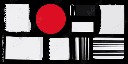 Assorted paper shapes and objects arranged on a dark background