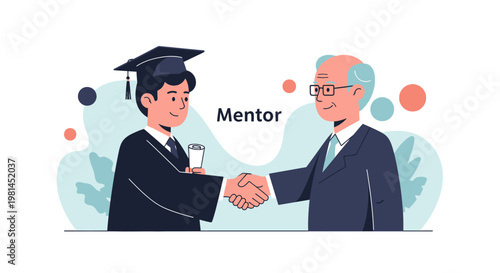 Graduate and mentor shaking hands, celebrating academic achievement.