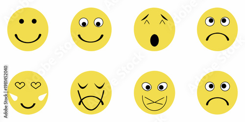 A collection of yellow oval faces displaying various human emotions