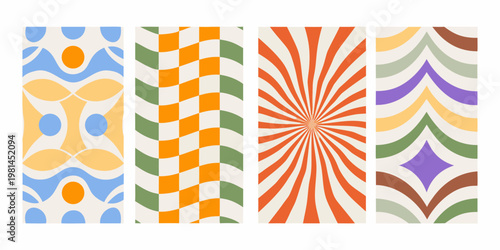 A collection of six vertically oriented colorful patterned panels