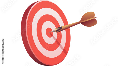 A dart hitting the bullseye of a red target with a white outer ring. Vector