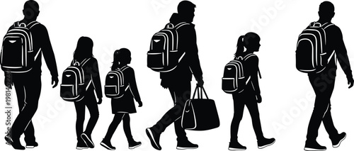 Silhouette of children and adults with backpacks walking for back to school education travel and family commute on white background