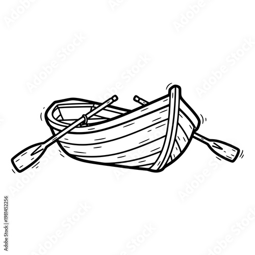 Black and white line art illustration of a wooden rowboat with oars