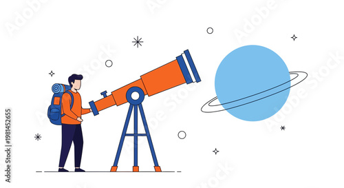 Man with backpack looking at planet through telescope vector