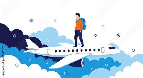 Man with Backpack Standing on a Flying Airplane Flat Vector