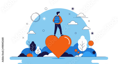 Man with backpack standing on a large heart symbol flat vector