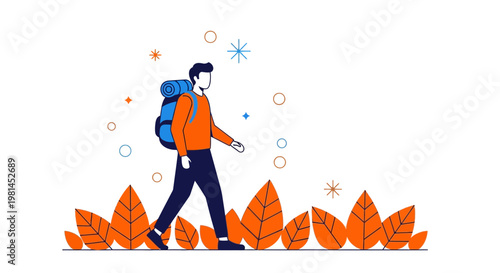 Man Hiking with Backpack Minimalist Flat Vector Illustration
