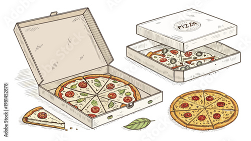 Vector illustration of pizza boxes with slices and whole pizzas takeaway food concept