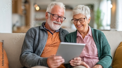 An elderly couple sits on a sofa sharing a moment while using a digital tablet in a cozy living room with soft lighting