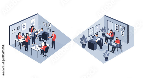 Two separate isometric office scenes depict multiple employees diligently working on tasks.