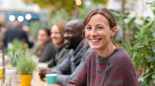 A group of friends enjoys drinks at a cafe table while laughing and relaxing in a bright outdoor space filled with greenery
