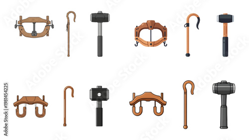 Collection of Traditional Artisan Tools: Wooden Ox Yokes, Shepherds' Crooks, and Stonemason's Mallets, Vector illustrations of antique hand tools, featuring traditional wooden ox yokes, varied 
