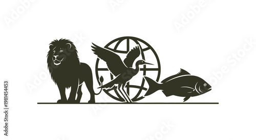 Lion Bird Fish Circle Icon Set.